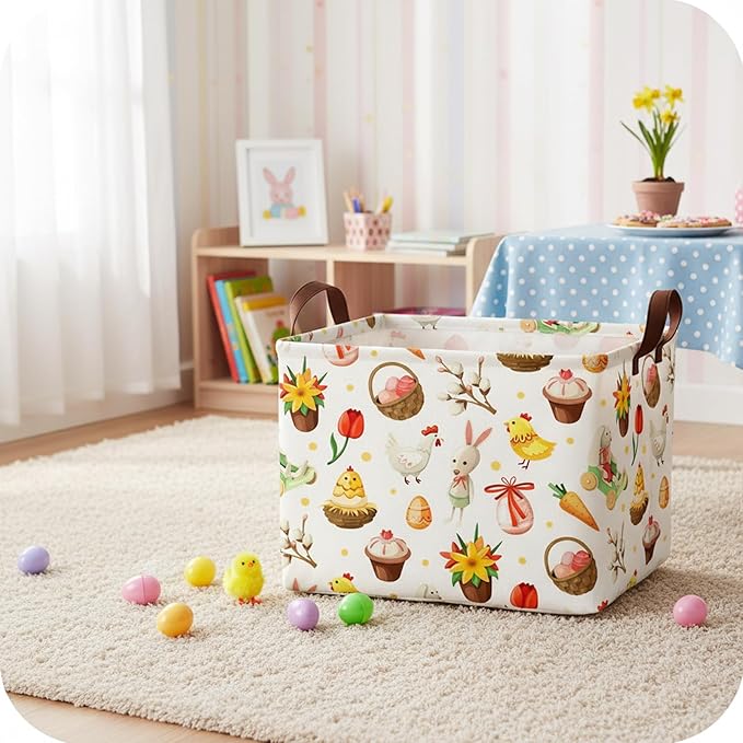 Large Rectangular Cute Kid Easter Basket Empty Bunny Eggs Easter Basket Gift Spring Room Storage Organizer Décor (E-14)