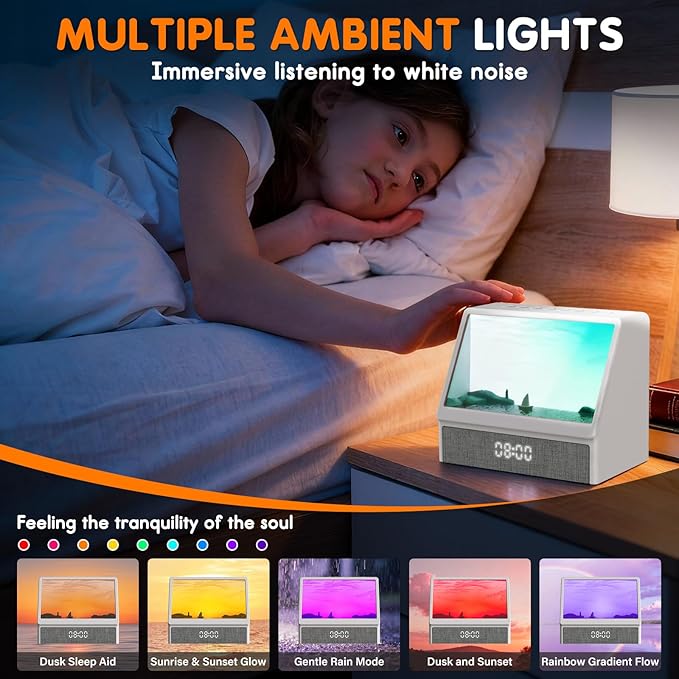 Sunrise Alarm Clock, White Noise Sound Machine for Bedroom, Wake Up Light Sunlight Alarm Clock with Ambient Lights and Bluetooth for Kids Adults and Heavy Sleepers