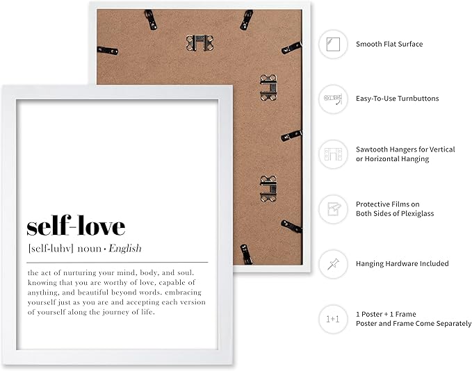 Poster Master Typography Poster - Dictionary Print - Self Love Definition, Nurturing your Mind and Soul, Worthy, Motivational - Gift for Family, Friend - Wall Decor for Home, 16x20 White Framed