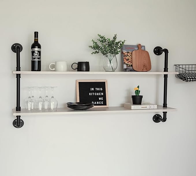 HDDFER Floating Shelves for Wall Bookshelf Industrial Pipe Shelving Shelves Natural Wood Planks 48 inch Rustic Wall Shelves Hanging Bookshelves Farmhouse Kitchen Shelving