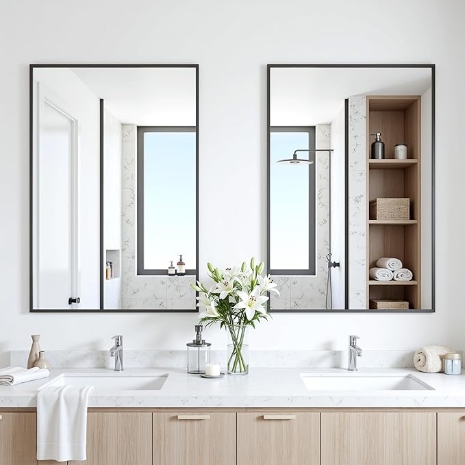 Antok 24x32 Black Metal Framed Bathroom Mirror, Wall Mirror with Rect Corners, Vanity Mirror for Over Sink, Anti-Rust Tempered Glass, Horizontal/Vertical Hanging for Bathroom, Living Room, Entryway