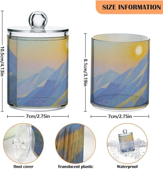 2 Pack Apothecary Jars Cartoon Mountains and Sun Bathroom Vanity Storage Organizer Set,Small Clear Plastic Storage Jars Bathroom Canister for Cotton Swabs, Rounds, Balls, Qtips,Makeup Sponges,