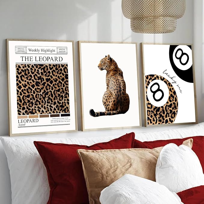 Trendy Leopard Wall Art Set of 3 Funky Lucky 8 Ball Posters Prints Preppy Room Aesthetic Cheetah Wall Decor Pictures for Girls Bedroom Apartment Dorm Unframed 16x24in