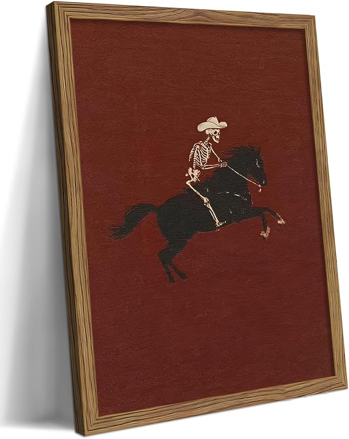 Framed Western Cowboy Wall Art, Gothic Skull Horse Riding Canvas Wall Decor Painting, Vintage Southwestern Cowboy Posters Prints Pictures for Living Room Bedroom 16x24 Inch