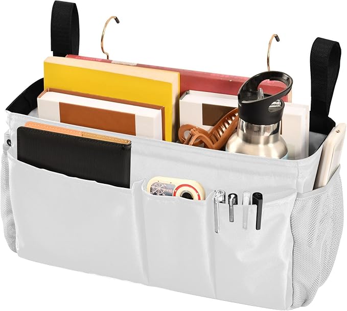 White Bedside Caddy Storage Bag Bedside Organizer for Bunk Bed Headboards College Hanging Storage Organizer 6 Pockets with Hooks for Drinks Magazine Phone Holder