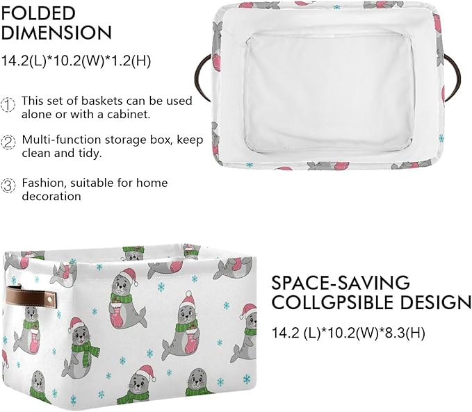 Christmas Seal White Print Rectangular Storage Bin Basket with Handles - Organizer Bin for Books Clothes Laundry Basket for Pets Playroom