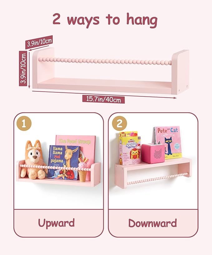 Nursery Book Shelves for Wall Set of 3, Pink Natural Wood Bookshelf Wall Decor, Small Floating Shelf Organizer for Kids Room, Bedroom, Kitchen Spice Rack