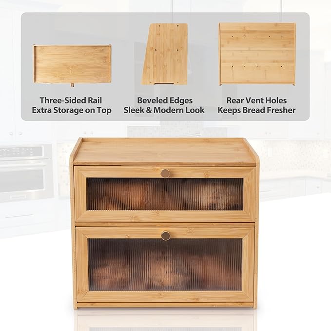 Bamboo Bread Box 2 Tiered for Kitchen Counter-Large Capacity Wood Bread Basket Storage Container Bread Box with Window Bread Holder with Shelf Vitamin Bottle Storage