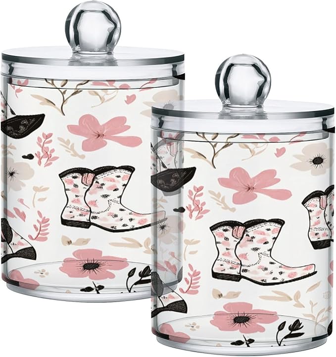 Nander 2Pack Beautiful Cow Style Cowboy Boots Qtip Holder Dispenser -Clear Plastic Apothecary Jars Set - Restroom Bathroom Makeup Organizers Containers for Cotton Swab, Ball, Pads, Floss