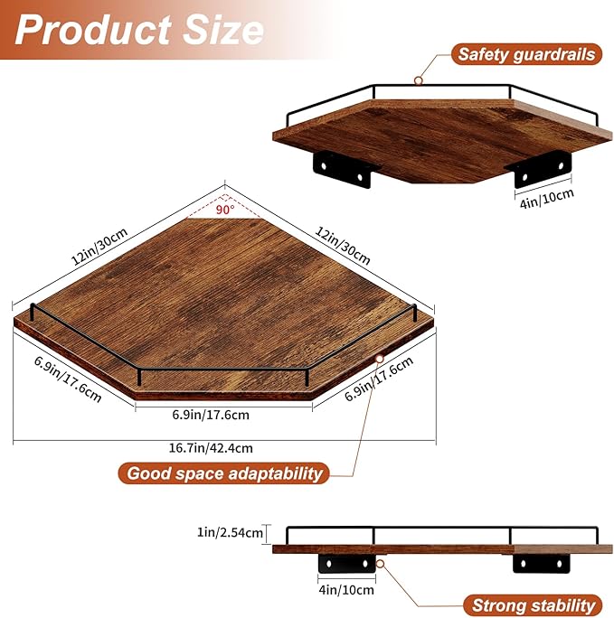 JJL Corner Shelf Wall Mounted, 12 Inches 2-Tier Floating Corner Shelf, Hexagon Rustic Wood Decor with Fence, Brown Storage Organizer for Apartment Bedroom Kitchen Bathroom