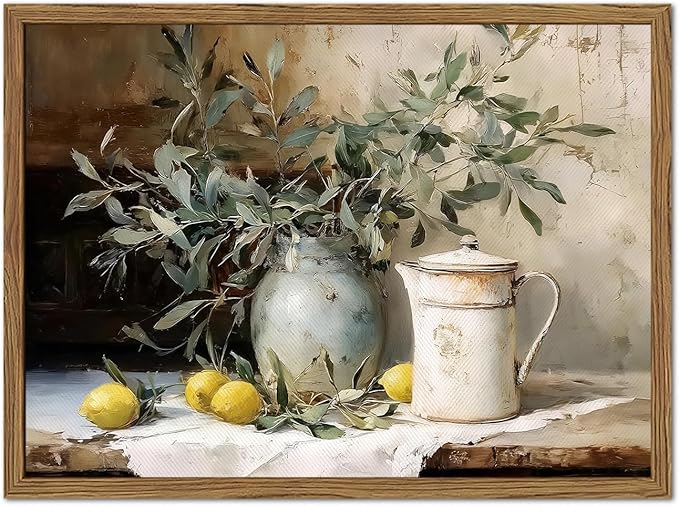 Framed Vintage Kitchen Wall Art, Rustic Yellow Lemon Still Life Pictures Wall Decor, Country Botanical Paintings Canvas Prints Farmhouse Home Decor for Dining Room Living Room 12x16 inch