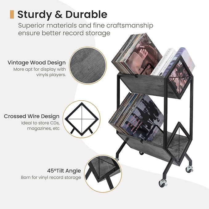 SwaaVee Vinyl Record Storage Holder with Wheels, 2-Tier Record Holder 160-200 LP with Dividers, Retro Style Quick Assembly Vinyl Record Display for Albums, Magazine, Book, Files(2 Tier- Gray)
