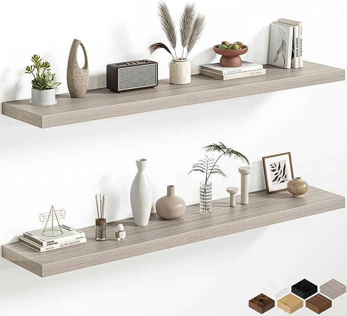 12 Inch Deep Floating Shelves, 60W x 12D Floating Shelf for Books, Rustic Wood Deep Wall Shelves for Home Storage & Display, 1.5" Thicked Shelves for Kitchen, Living Room, Bedroom, Gray, 2 Pack
