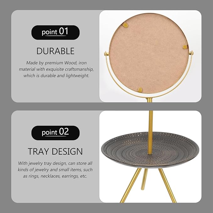 Rotatable Makeup Mirror with Jewelry Tray, European Style Desk Mirror for Bedroom Vanity, Gold Round Tray Cosmetic Organizer and Dressing Table Decor