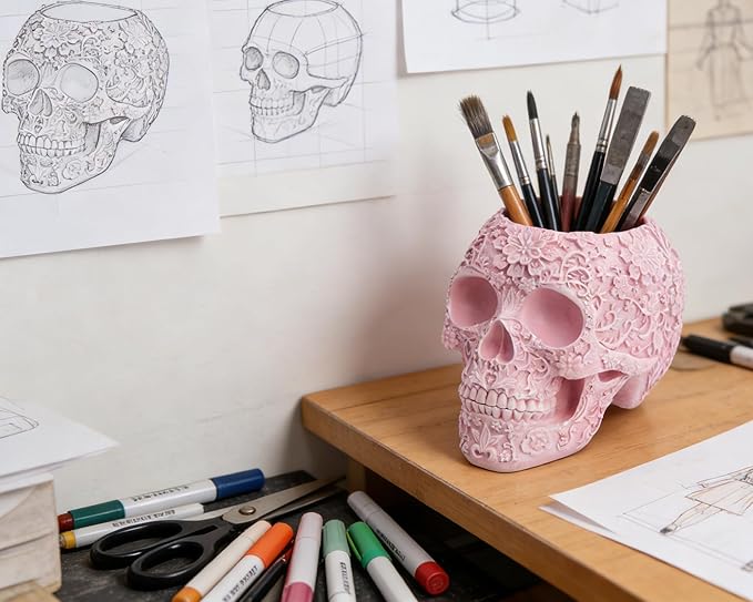 Skull Bowl Decorative Skull Vase Makeup Brush Pen Holder Organizer Dresser Gothic Table Organizer Decoration, Pink Skull Pot Enthusiasts Gifts