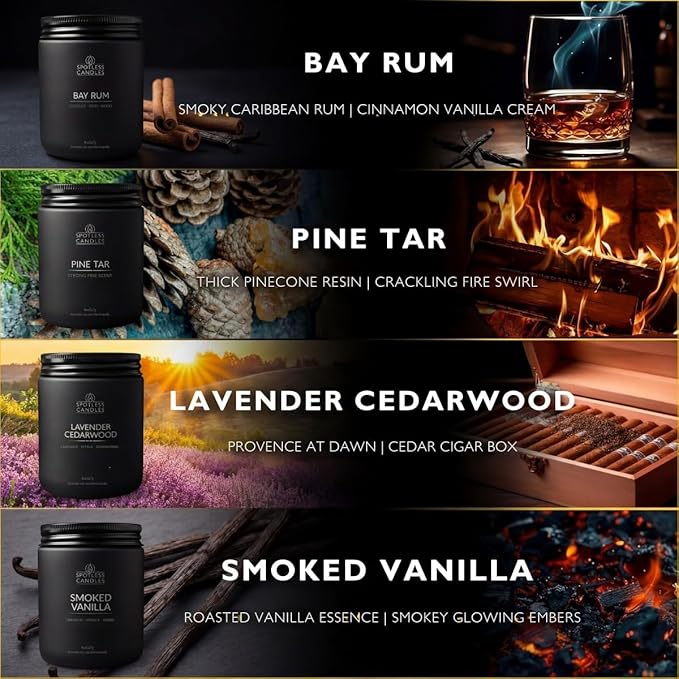 Scented Candles for Men - Soy Candles in Gift Box & Protective Shipper - Men Candle Set x 4 - Cedarwood & Lavender/Bay Rum/Pine Tar/Smoke & Vanilla - Spotless Leopard