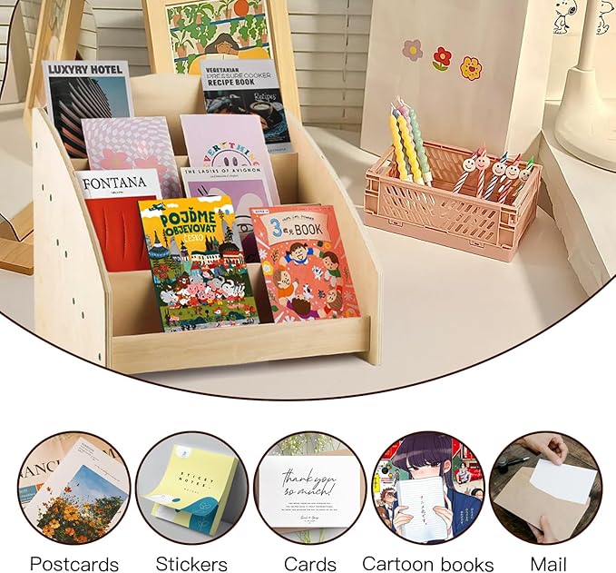 4-Tier Wooden Greeting Card Display Stand, Sticker Card Display Stand & Postcard Holder,Greeting Card Organizer,Retail Counter Rack for Brochures, Photos, &Stationery