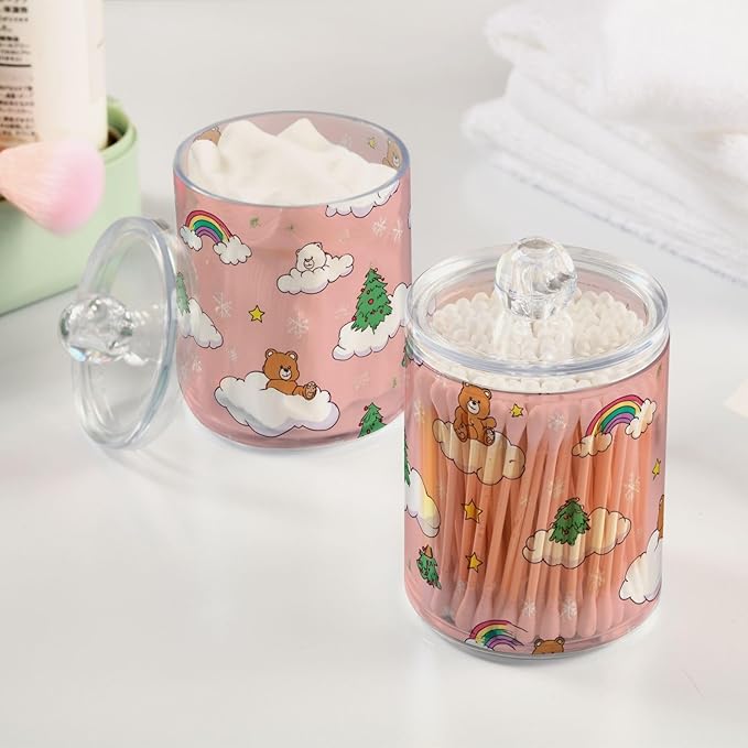 2 Pack Apothecary Jars Cute Pink Bear Cloud Bathroom Vanity Storage Organizer Set,Small Clear Plastic Storage Jars Bathroom Canister for Cotton Swabs, Rounds, Balls, Qtips,Makeup Sponges, Floss