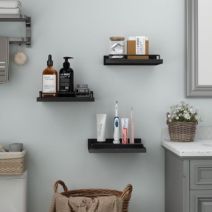 RYOFOBETTO Small Floating Shelf, 6X9 Inches Farmhouse Wall Shelves for Living Room, Bedroom, Picture Frames, Plants, Kitchen, Set of 3 (Black)