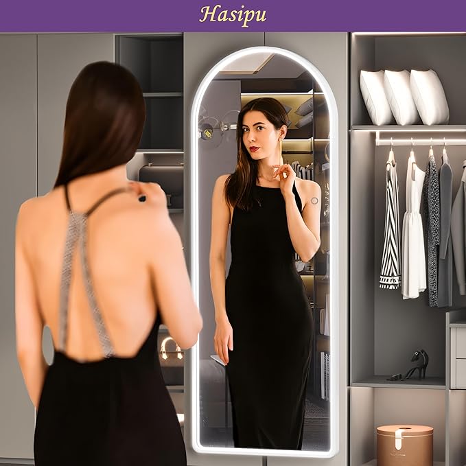 Hasipu Arched Full Length Mirror with Lights, 56" X 16" Lighted Full Body Mirror with Stand, Dimming 3 Colors & Brightness Adjustable, Bedroom Cloakroom Living Room, White Modern Arch Metal Frame