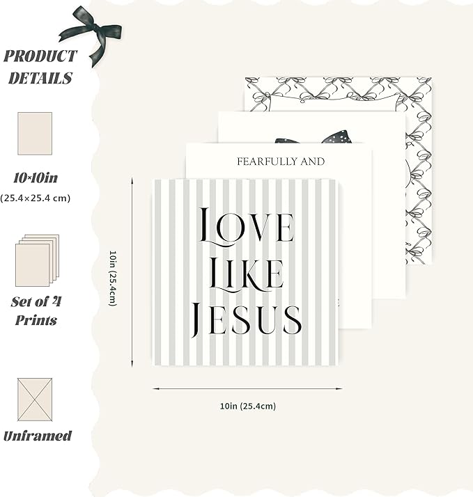 LARTSFRO Coquette Black Bow Jesus Wall Art Decor Posters, Black Bow Room Christian Bedroom Bathroom Wall Art Decor Aesthetic for Teen Girls College Gifts, Inspirational Bible Verses Bow Wall Decor, 10x10 Inch Set of 4 Bow Pictures(UNFRAMED)