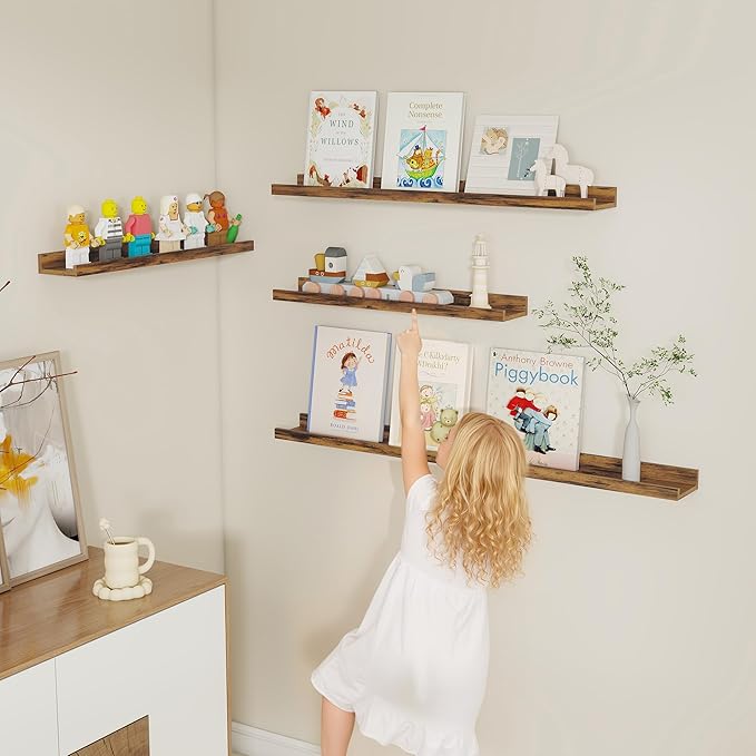 Fun Memories Picture Ledge Shelf, Floating Shelves Set of 4, 36 Inch Picture Shelves for Wall with Ledge, Large Nursery Book Shelf for Toys Storage, Living Room, Bedroom Decor Frames, Rustic Brown