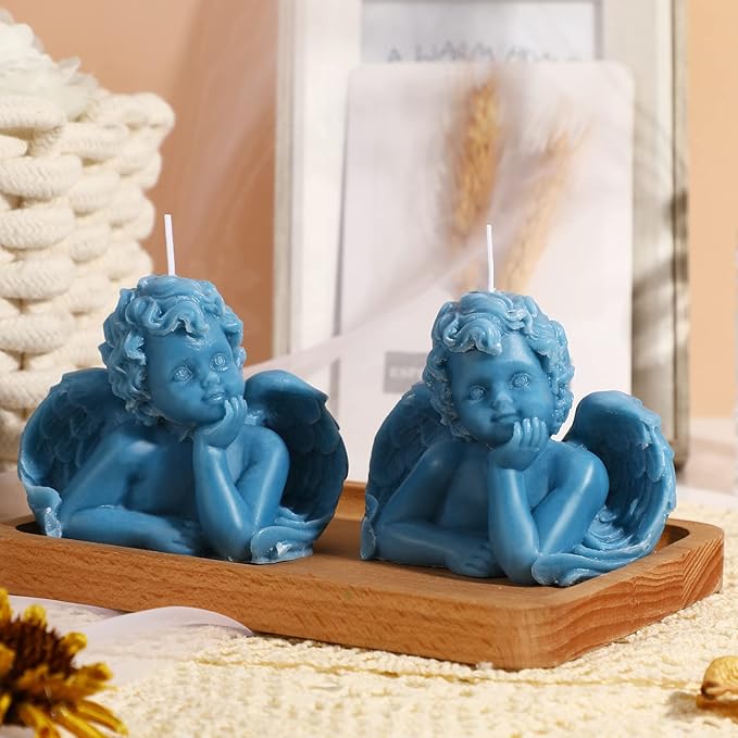 Nuanchu Eclectic Angel Decor - 2 Pieces Soy Scented Wax Vegan Candle in White & Pink for Trendy Bedroom Decoration (Lake Blue)