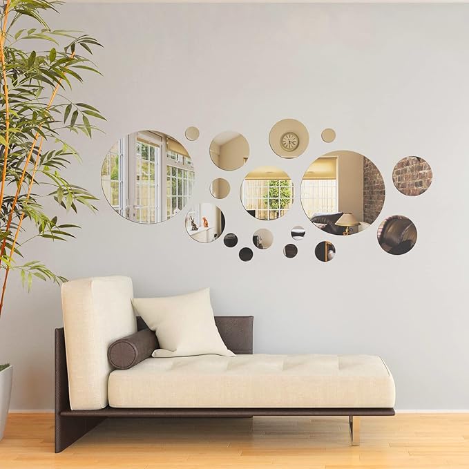 Shappy 32 Pcs Acrylic Mirror Wall Stickers Removable Round Wall Decal Circle Mirror Tiles for Home Bathroom Living Room Bedroom TV Background Decor(Silver,Large Size)