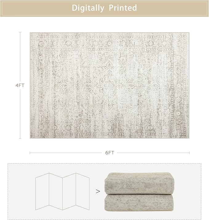 Srugn Washable Rugs 4x6 Area Rugs for Living Room,Bedroom,Kids Room,Nursery- Ultra Soft Faux Wool Small Carpets,Non Slip&Non-Shedding Low Pile Vintage Print Rugs for Enterway,Home Office Decor