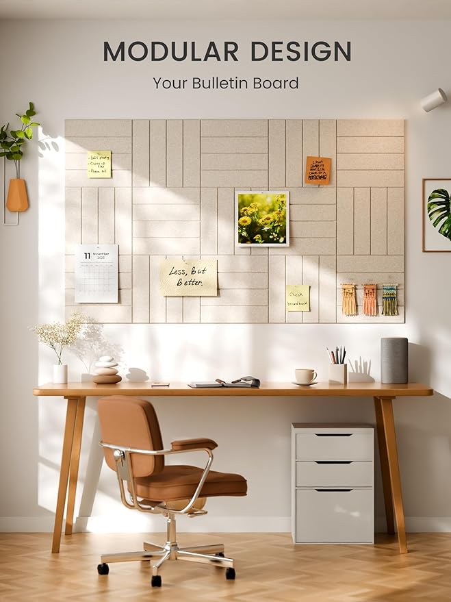 Bumusty Large Cork Board Alternative-36 x 24" Felt Bulletin Board Tiles, with 30 Pushpins, 40 Adhesive Tabs, Bold-Stripe 6-Pack, Cork Boards for Office Push Pin Board Felt Board-Oatmeal