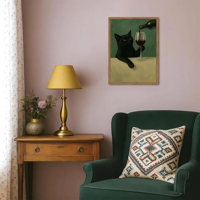 Funny Black Cat Wall Art Moody Black Cat with Wine Glass Wall Decor Whimsical Animal Bar Cart Poster Canvas Prints for Living Room Bedroom 12x16 inch Wood Framed