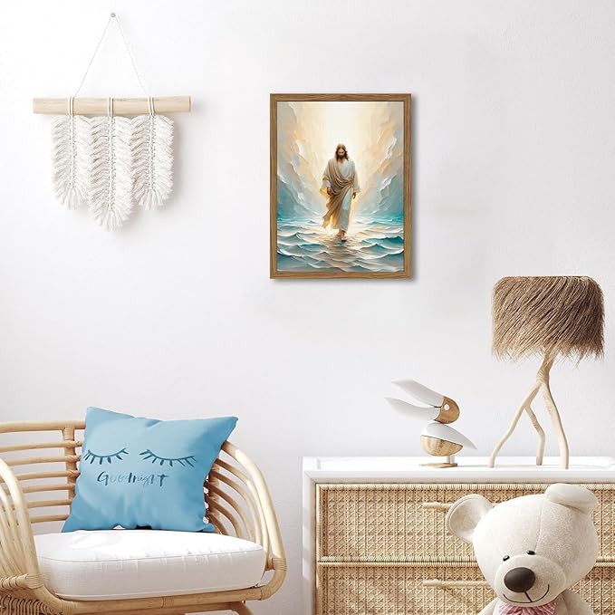 Framed 3D Textured Jesus Walking On Water Wall Art, Hand Drawn Sandstone Christian Wall Decor Painting Religious Savior Pictures for Living Prayer Room Bedroom 16x24 in Wood Framed