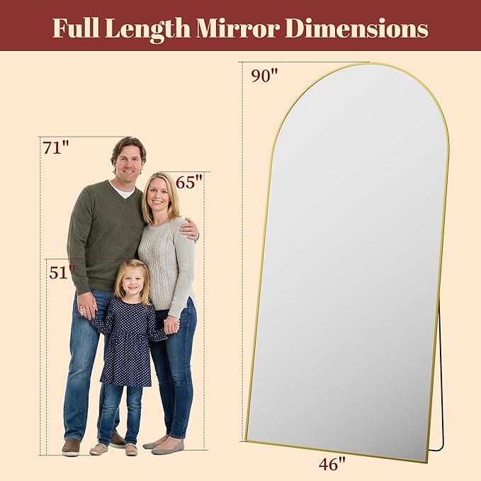Suidia 90"x46" Arched Full Length Mirror with Stand, Full Body Mirror with Aluminum Frame, Freestanding/Leaning/Wall-Mounted, Floor Mirrors for Bedroom, Living Room, Entryway, Dressing Room, Gold
