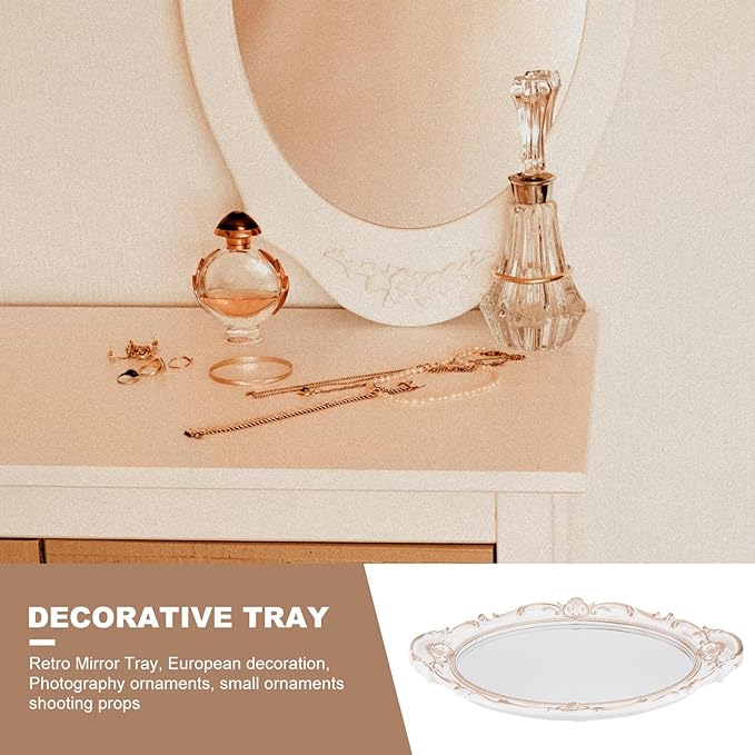 SAFIGLE Oval Mirrored Tray Decorative Jewelry and Makeup Organizer White Vintage Style Photo Prop Dresser Display for Home Décor and Vanity Accessories