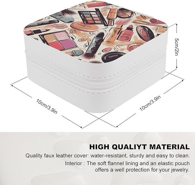 Cosmetic And Makeup Theme Pattern Jewelry Box Portable Mini Travel Case Display Storage Holder Boxes PU Leather Small Jewelry Organizer for Women for Stud Earrings Rings Necklaces Bracelets