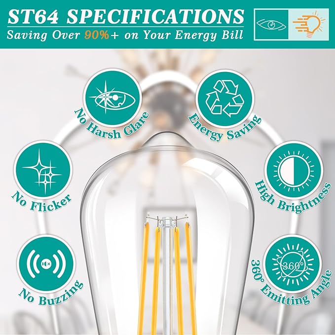 LED Light Bulbs 8W Edison Bulbs 100 Watt Equivalent, Vintage ST64 LED Light Bulbs 1400LM, E26 Medium Base, Antique Clear Glass Filament Bulbs, 2700K Warm White with 90+ CRI, Non-Dimmable, 8-Pack