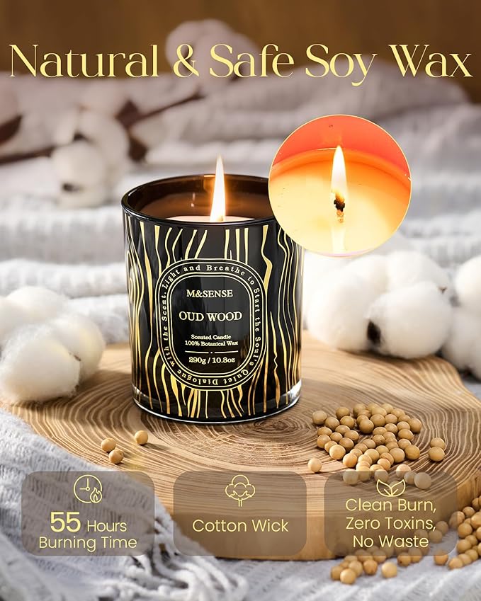 M&SENSE Oud Wood Scented Candle, Natural Soy Candles for Home Scented Non-Toxic, Calm Relax Home Decor, 55 Hours Long Burning 10.3oz, Luxury Housewarming Gifts