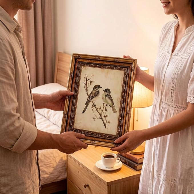 Vintage Gold Framed Wall Art Neutral Summer Bird Wall Art Vintage Botanical Birds Nature Wall Decor Picture Rustic Cottage Gallery Poster Print for Living Room Bedroom 12x16in