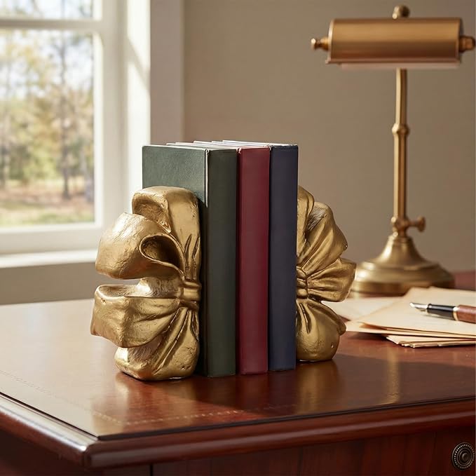 Vintage Gold Bow Bookend Set of 2 Heavy Duty Decorative Bowknot Book Ends Resin Bookends with Non Slip Felt Base Muted Matte Book Stopper Holder Shelf Organizer for Desk Home Office Decor