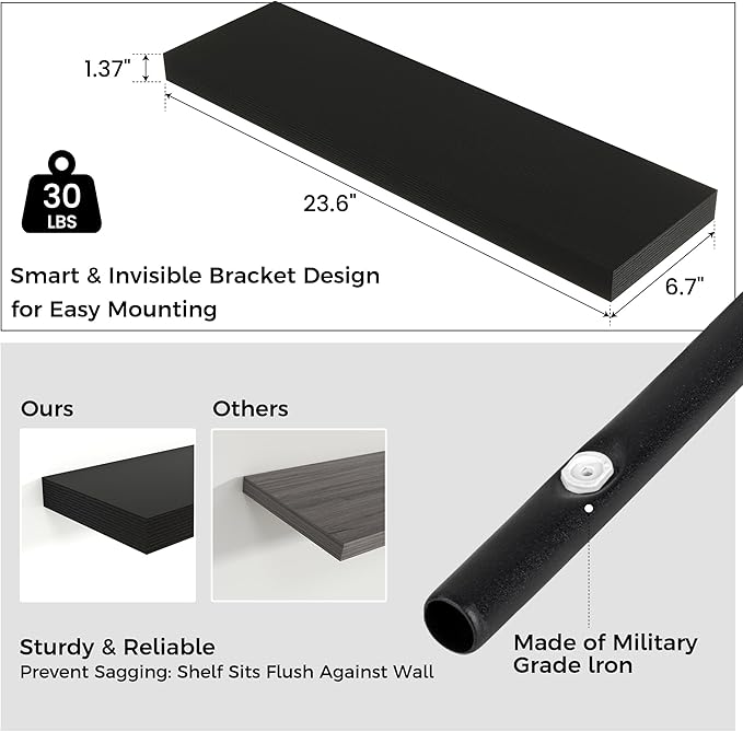 Venusmiles Floating Shelves for Wall 24 inch Long, Engineered Wood Wall Shelves with Invisible Brackets for Living Room Bedroom Bathroom Office Kitchen Decor and Storage, Black Finish, Set of 2