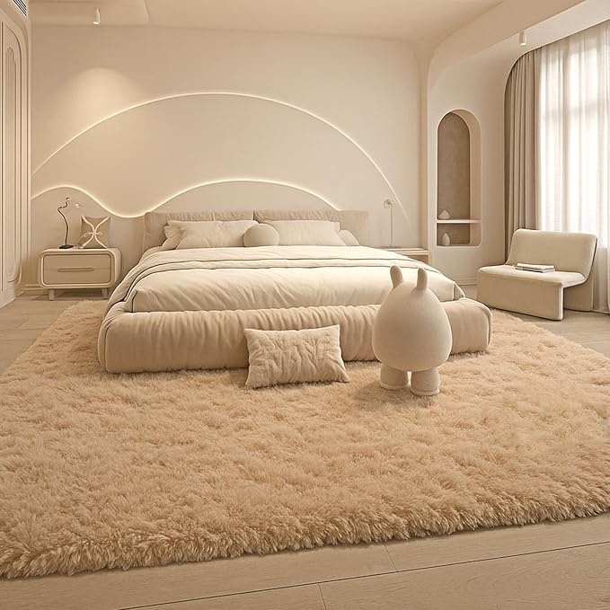 Large 9x12 Area Rug for Living Room, Soft Shag Rugs for Bedroom, Non-Slip Ultra Fluffy Rug,Modern Plush Carpet for Girls Boys Kids Room Dorm,Fuzzy Rug for Home Decor Aesthetic,Beige