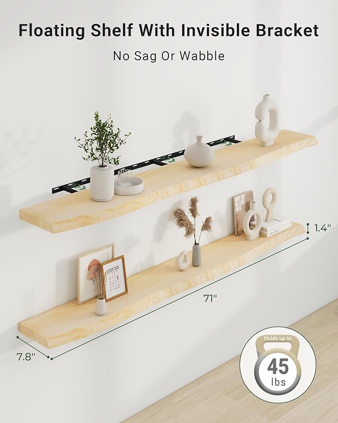Axeman 72" Solid Wood Floating Shelves for Wall Decor, USA-Sourced Rustic Ash Wood Live Edge Shelf with Upgraded Heavy Invisible Bracket, Wall Mounted Shelf for Kitchen Bathroom Living Room, Natural