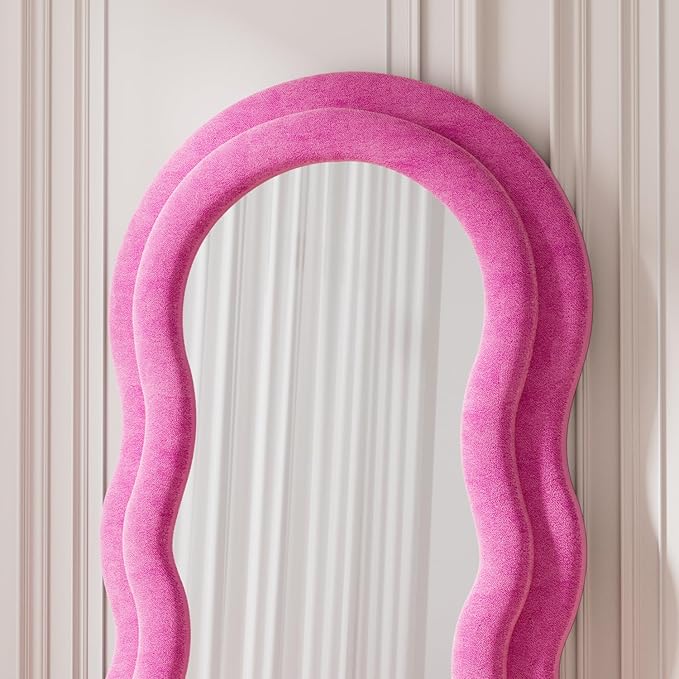 Rowjut Full Length Mirorr, 63"x24" Mirrors Full Length, Irregular Wavy/Wall Mounted/Standing Floor Mirror with Flannel, Body Mirorr Hanging or Leaning Against Wall for Bedroom (Pink)