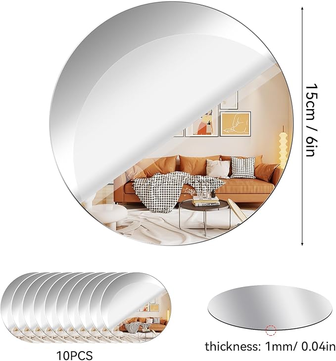Fantasyon Acrylic Round Mirrors Self Adhesive Non Glass Mirror Circle Wall Mirror Clear Wall Sticker Decals for Wedding Table Centerpiece and Home Living Room Bedroom Wall Decor (6 inch/10 pcs)