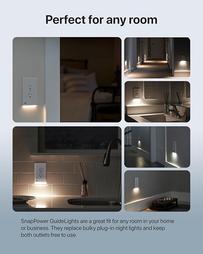 Single - SnapPower GuideLight [For Duplex Outlets] - Replaces Plug-In Night Light - Electrical Receptacle Wall Plate With LED Night Lights - Auto On/Off Sensor - (Duplex, Black)