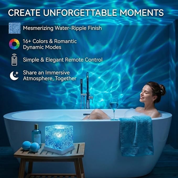 Rechargeable Ocean Wave Projector Light, 16 Color Changeable & Dimmable Shower Lamp with Remote, Cube Mood Ambient Lighting, Ocean Room Decor, Cordless Night Light for Bathroom, Room Decor