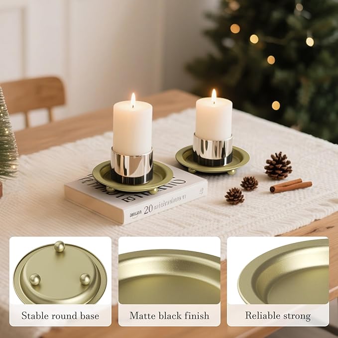 Gold Candle Holders, 2 Packs Golden Candles Sticks Holder Decor, 4.13'' Candle Tray Iron Plate for Tealight, Pillar Ball Scented Candles, Candle Stand for Incense Cones, Spa, Wedding