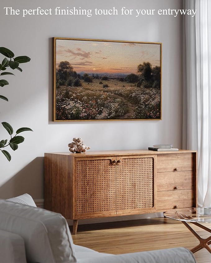 InSimSea Framed Canvas Prints Vintage Decor, Sunset Flower Field Landscape Paintings Wall Art, Large Countryside Farmhouse Hanging Wall Decor for Living Room Bedroom, 24x36inch
