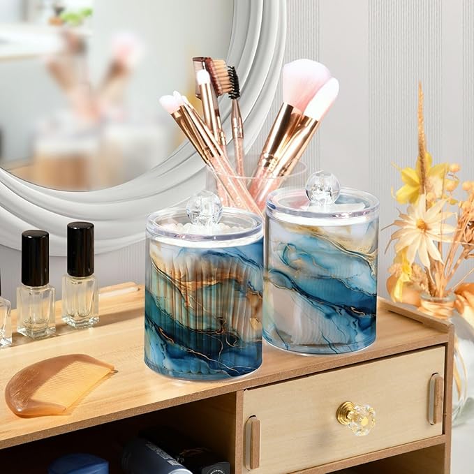 4 Pack Qtip Holder Dispenser Gold Marble Blue Fluid Marble Cotton Ball Swab Round Pads Floss Clear Bathroom Storage Containers Plastic Apothecary Jars with Lids