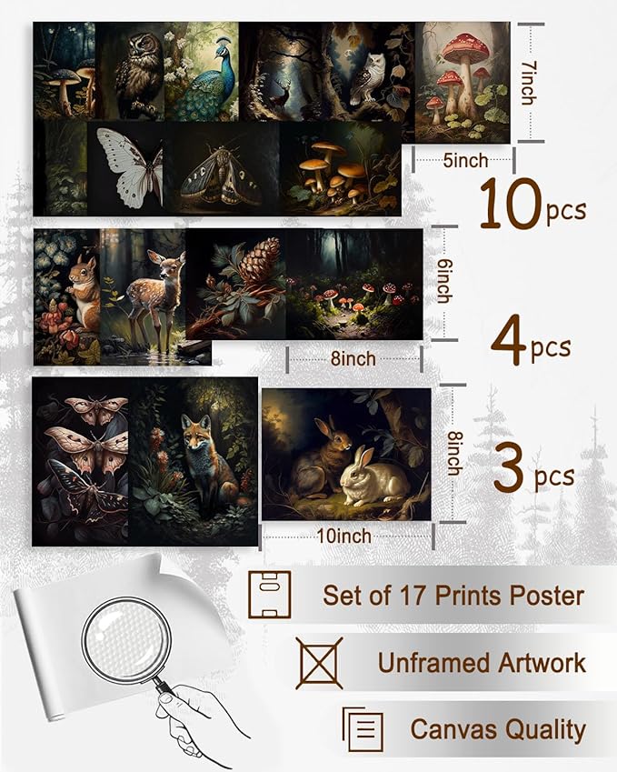 KBKBART Dark Cottagecore Room Decor Aesthetic Set of 17, Cottage Core Wall Decor, Dark Academia Cottagecore Decor Woodland Forest Nature Wall Art Prints, Vintage Mushroom Decor Poster Animal Pictures for Bedroom Dorm Wall Decor- UNFRAMED